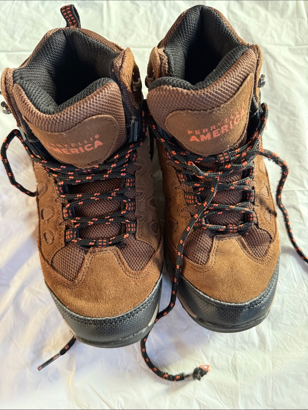 Perry Ellis Brown Suede Hiking Shoes with Black Toe and Orange-Accented Laces